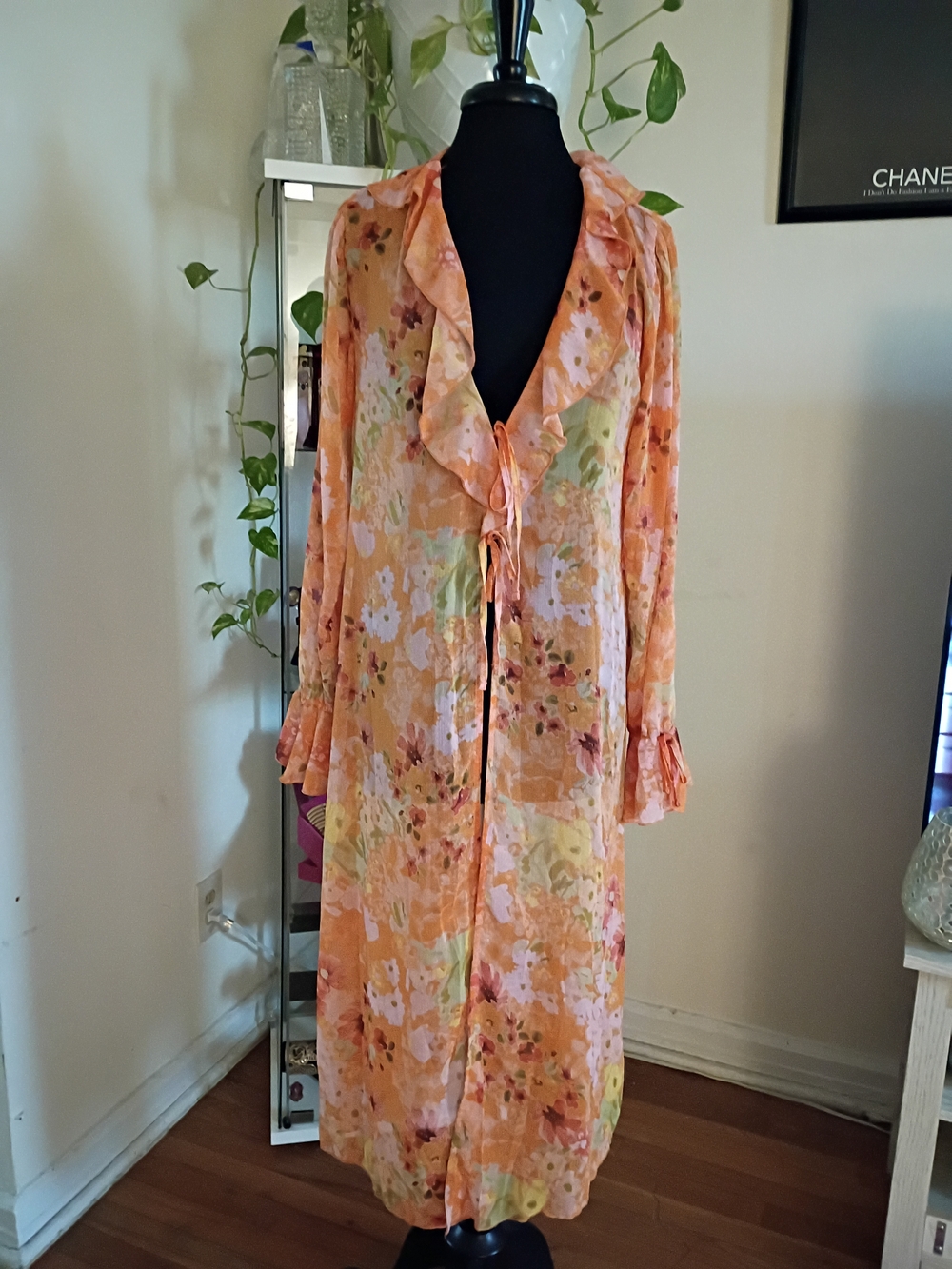 Peach Floral Ruffle Tie-Front Duster